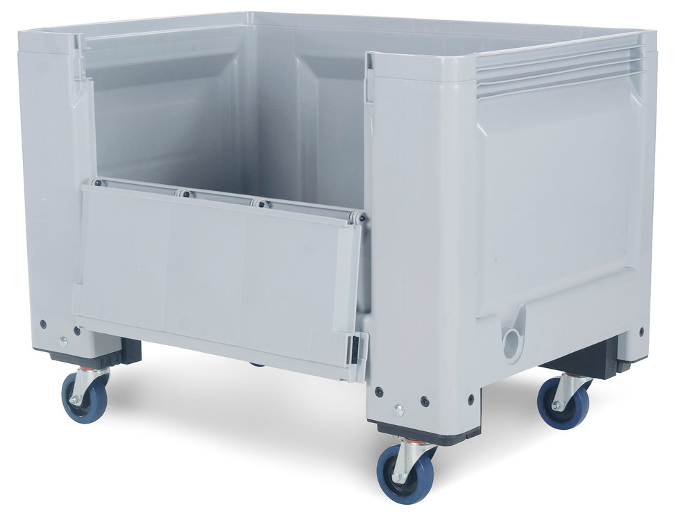 Pallet box SB 8-RK in plastic, with 4 castors and front folding flap, 535 litre volume