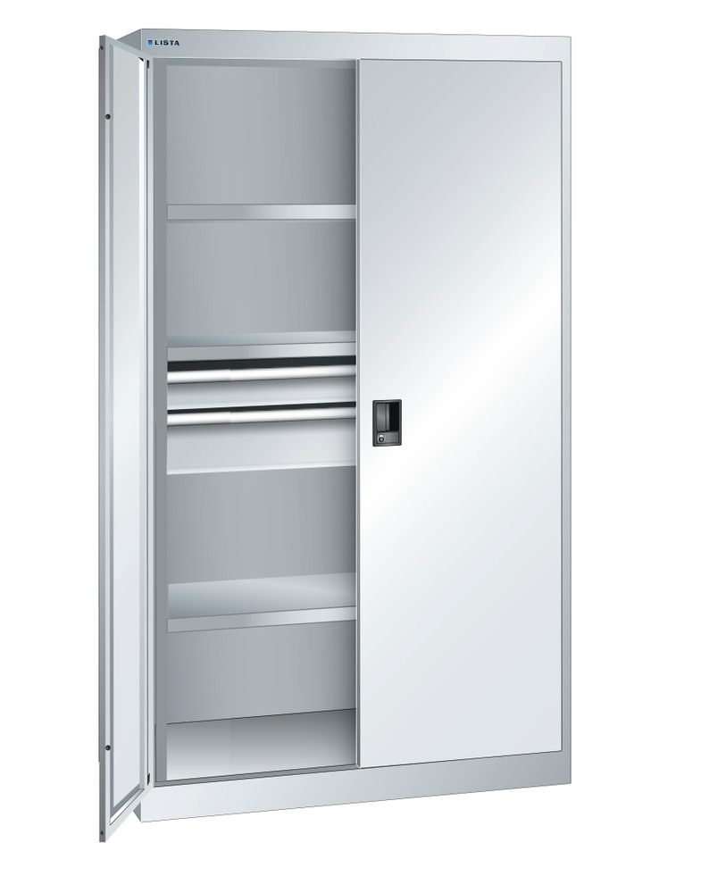 Heavy duty cabinet Lista, W 1100 mm, 3 compartments, 2 drawers, light grey, KEY Lock