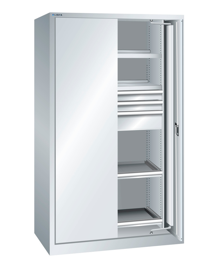 Heavy duty cabinet Lista, W 1146 mm, with drawers, pull-outs and drawers, light grey, KEY Lock