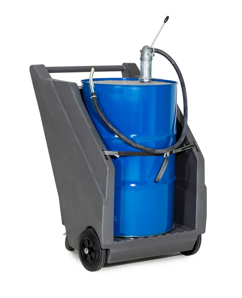 Mobile pump system for mineral oils, with drum trolley in PE and diecast hand pump