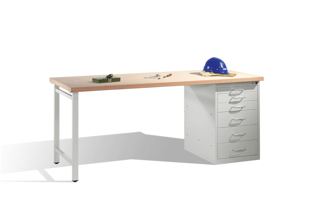 Arbeidsbord med multipleksplate og understell av stål, B 2000, med skap og skuffer