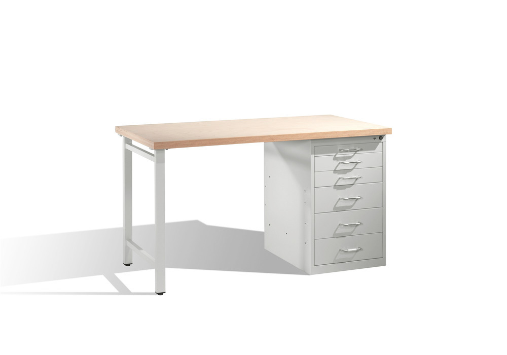 Arbeidsbord med multipleksplate og understell av stål, B 1500, med skap og skuffer