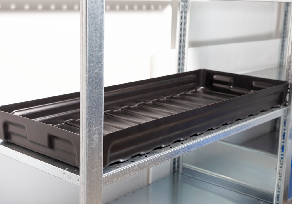 Electrically conductive small container spill trays in polyethylene, suitable for shelving compartments in standard industrial sizes