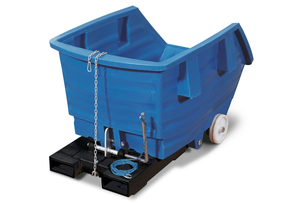 Tipping container PolySkip model TR, with forklift pockets and castors