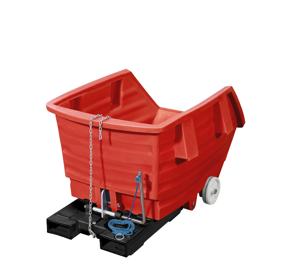 Tippvogn i polyetylen (PE), med hjul og gaffellommer, 300 liter, rød