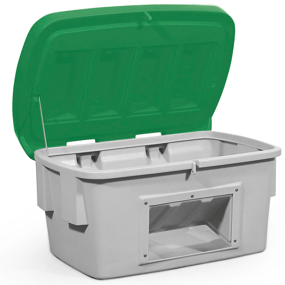 Szóróanyag tároló SB 200-O, polietilénből (PE), 200 literes, kivevő nyílás, zöld fedél