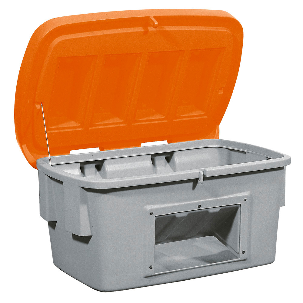 Streugutbehälter SB 700-O aus Polyethylen (PE), 700 Liter Volumen, Entnahmeöffnung, orangener Deckel
