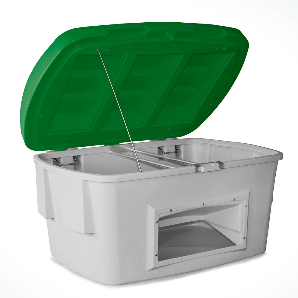 Szóróanyag tároló SB 1000-O, polietilénből (PE), 1000 literes, kivevő nyílás, zöld fedél