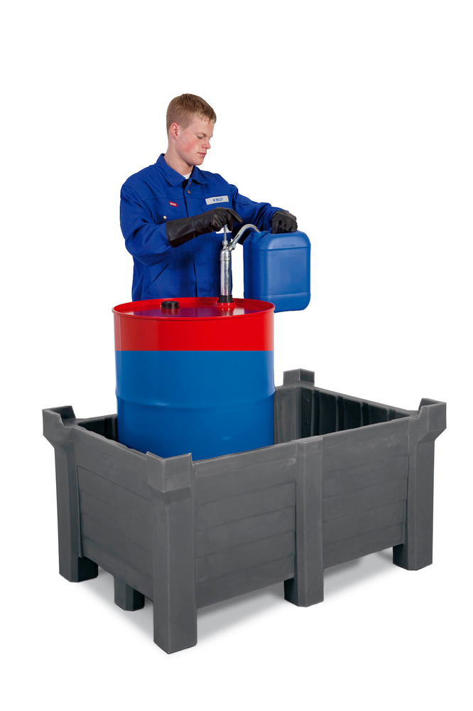 Stackable container PolyPro in PE, 90 litre volume, 70 litre containment volume, closed, grey