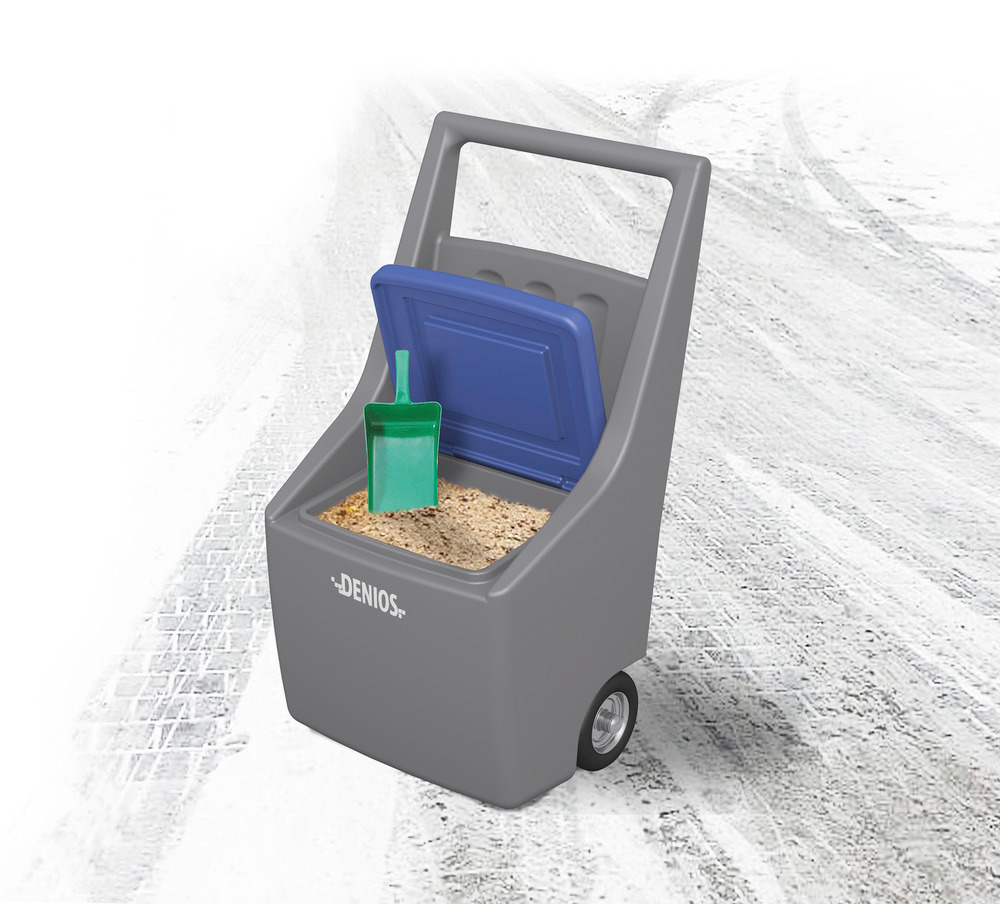 Le sable/le sel/les granulés ainsi que la pelle compacte peuvent être rangés dans le grand espace de stockage du GritCaddy.