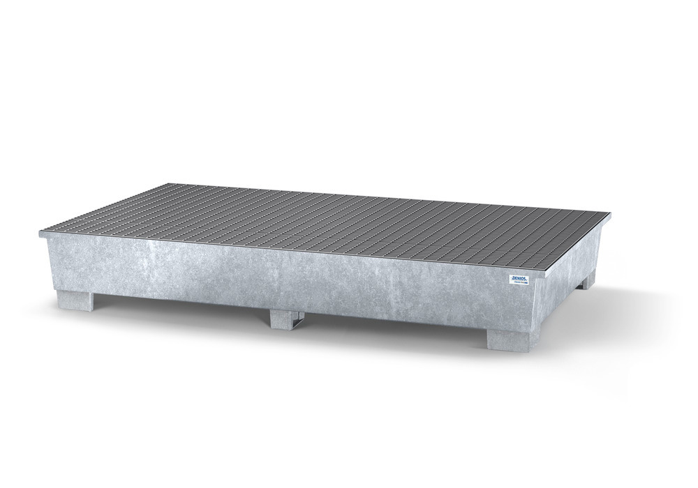 Spill pallet classic-line in steel with dispensing area for 2 IBCs, galvanised, 2 grids