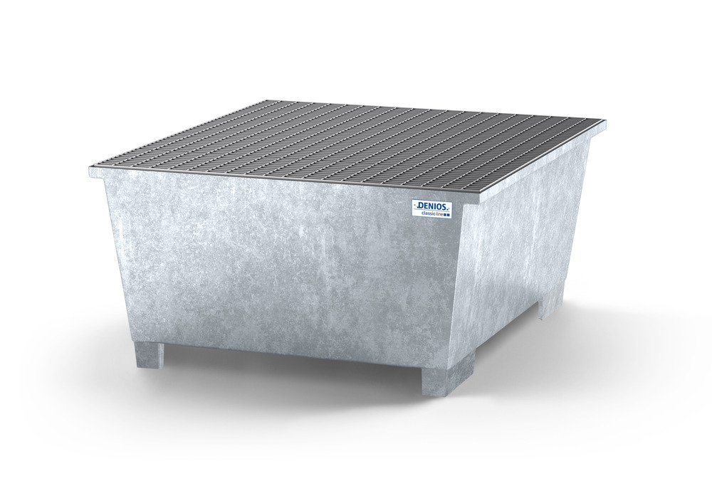 Spill pallet classic-line in steel with dispensing area for 1 IBC, galvanised, grid