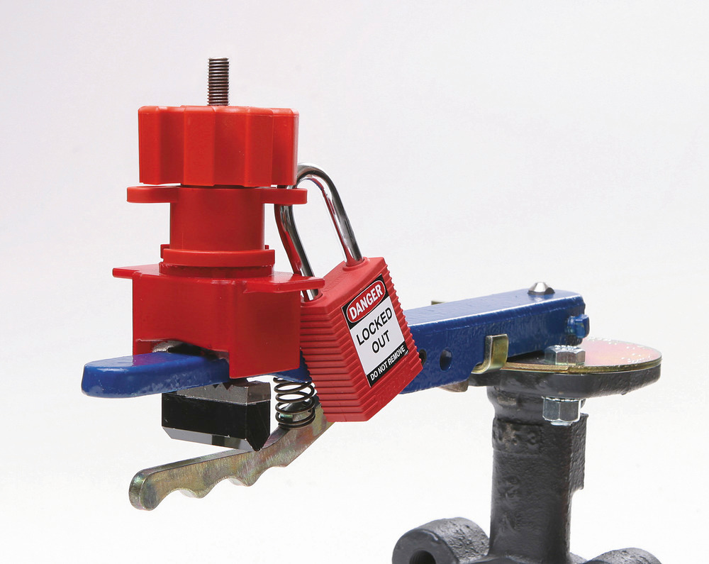 Verrouiller les valves régulatrices de pression avec le blocage universel pour valves : le crochet est fixé sur le levier de la valve régulatrice de pression. La position de la valve ne peut plus être modifiée.