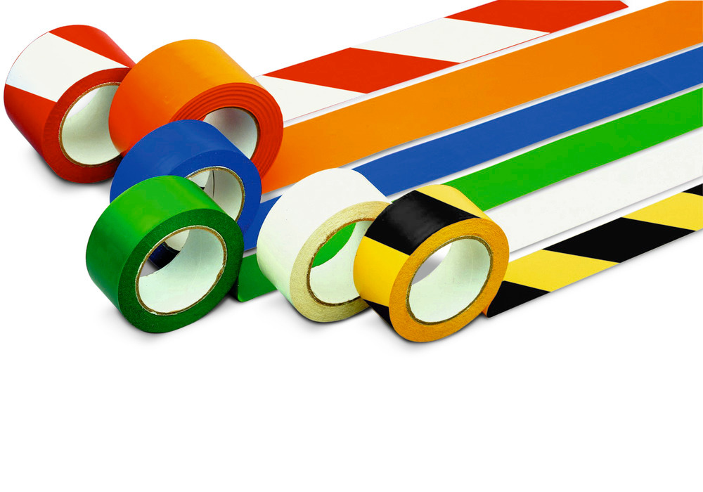 Bodenmarkierbänder in 8 verschiedenen Farbkombinationen und 2 Rollenbreiten lieferbar.