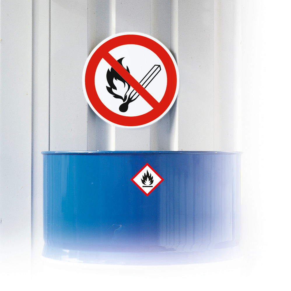 Schild PVC Warnung vor feuergef Stoffen/Feuer offenes Licht Rauchen… 148x210mm 