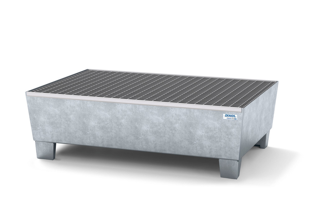 Spill pallet classic-line in steel for 2 drums, galv., access. underneath, with grid, 1236x815x355