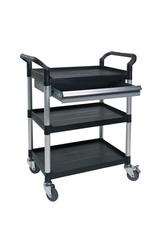 Trolley, brushed aluminium tubular framework, 3 shelves, 1 drawer