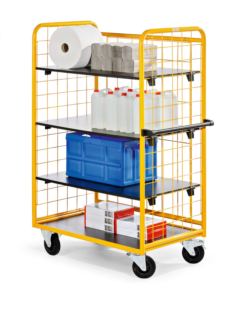 Tiered trolley Basic ETW, 1035x650 mm, 3 mesh sides, 4 levels, solid rubber tyres, handle, yellow