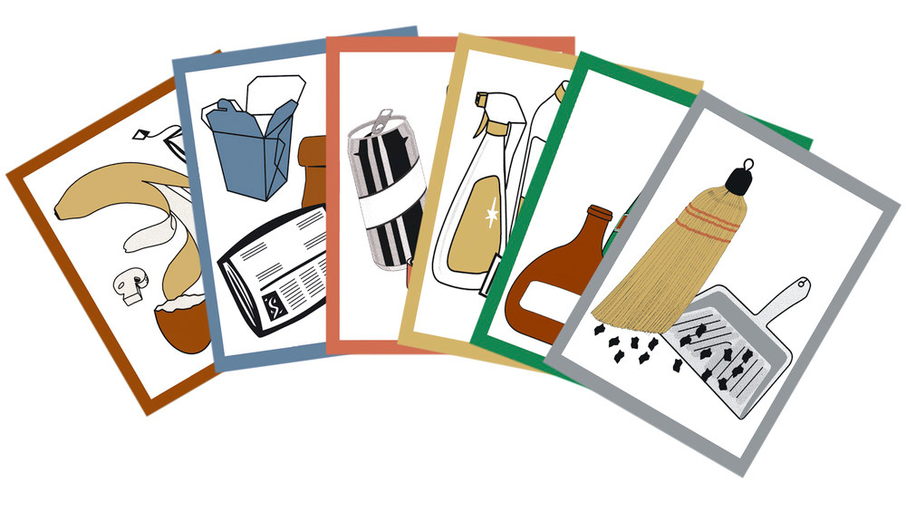 Pictogrammenset voor recyclemateriaalbakken, bestaande uit 6 symbolen, gekleurd, zelfklevend