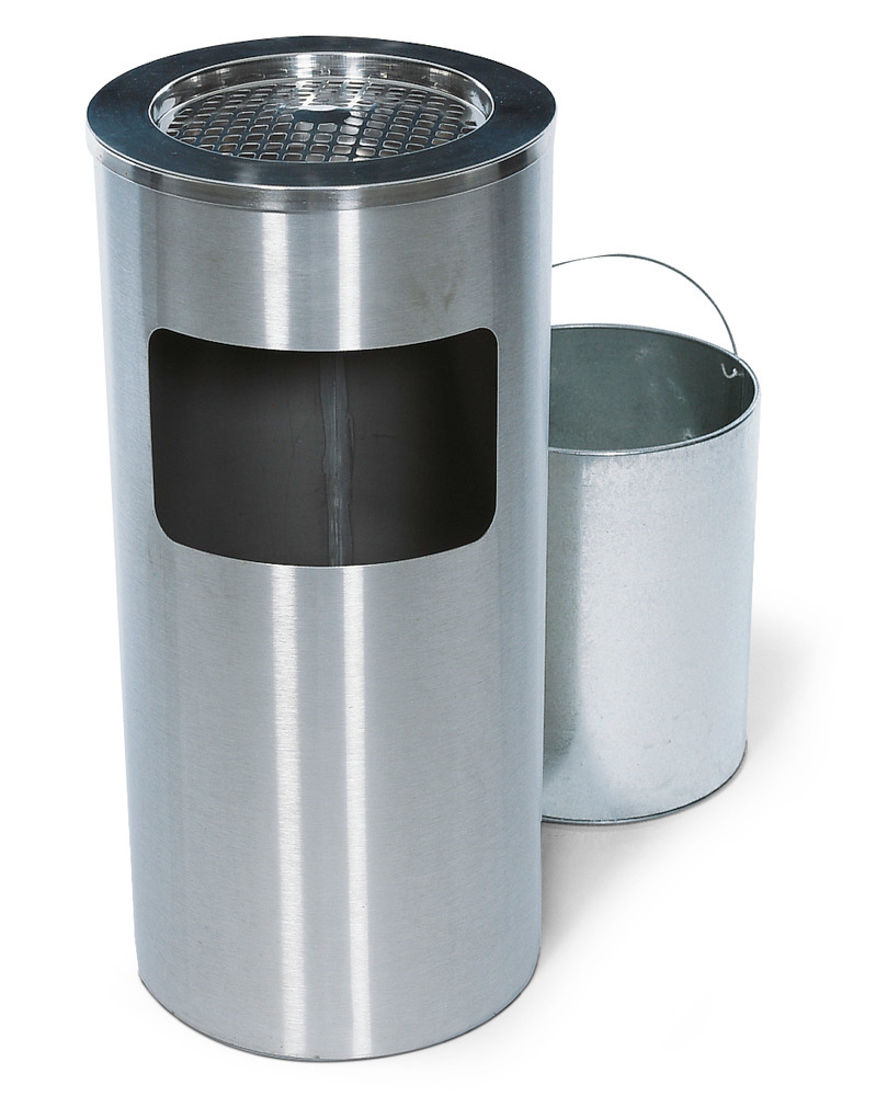 Kombinert askebeger-avfallsbeholder av rustfritt stål, med avtakbart askebeger, 20 liters volum