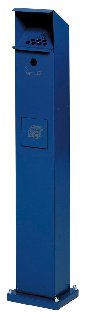 Waste bin/ashtray pillar combination in galvanised steel, with self closing flap, gentian blue