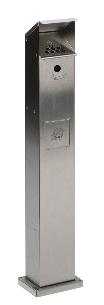 Waste bin/ashtray pillar combination in galvanised steel, with self closing flap, silver
