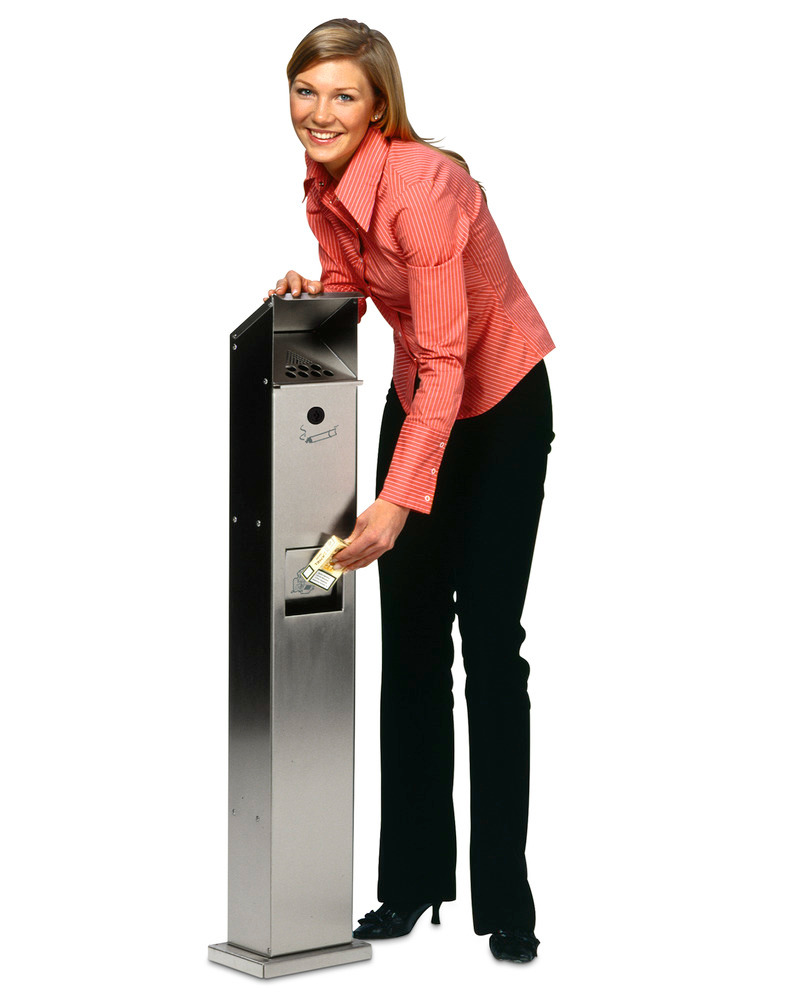 Waste bin/ashtray pillar combination in stainless steel, with self-closing flap