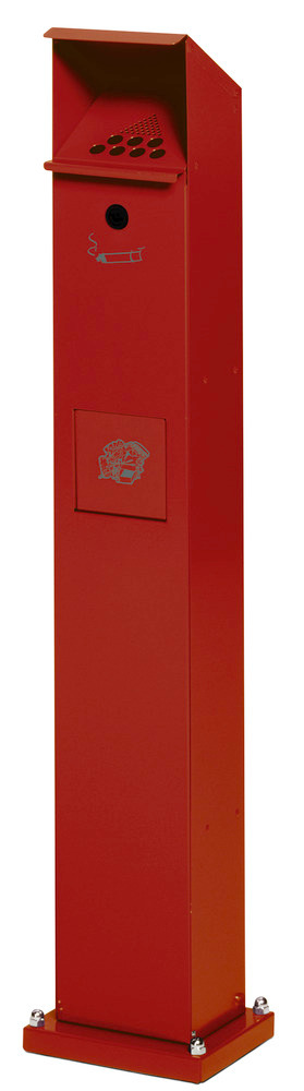 Waste bin/ashtray pillar combination in galvanised steel, with self closing flap, red