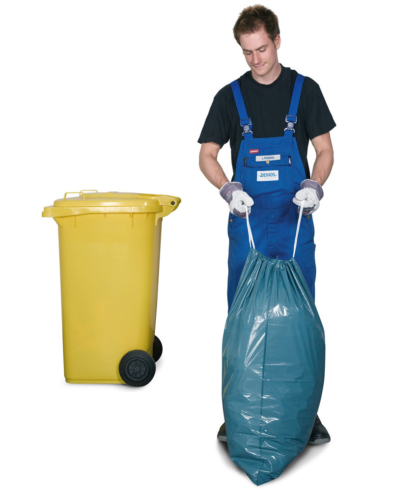 Waste sacks, polyethylene (PE), blue, with white drawstring, 120 litre capacity, 250 per pack