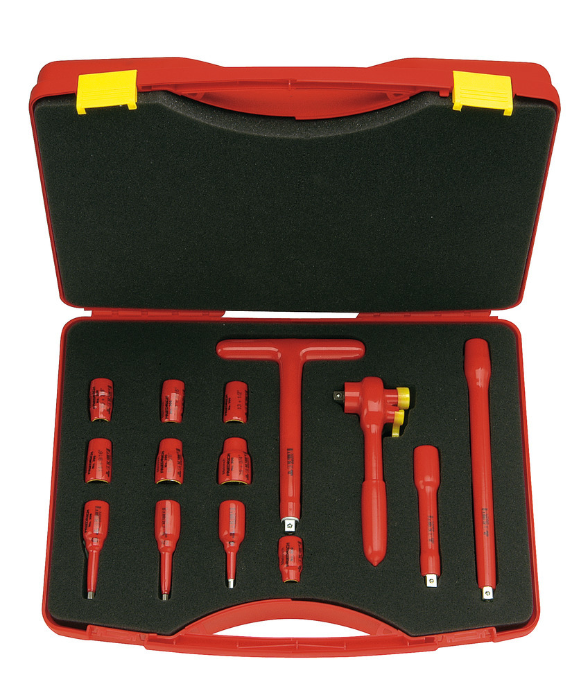 VDE safety tool set 3/8" in plastic case, 14-part, dip insulated 1000 V