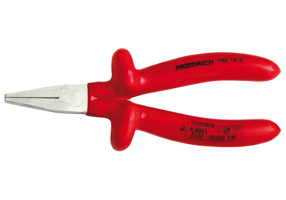 VDE flat nosed pliers, 160 mm, chrome-plated tool steel, dip insulated 1000 V