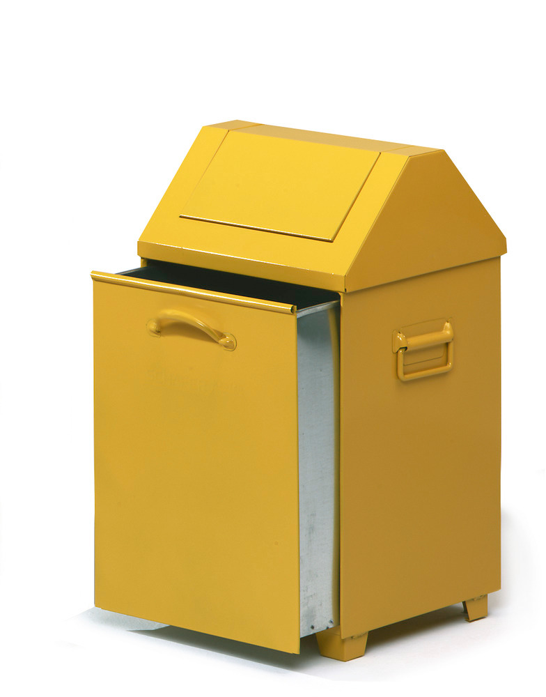 Abfallbehälter AB 100-V aus Stahlblech, selbsttätig schließende Klappe, 95 Liter Volumen, gelb