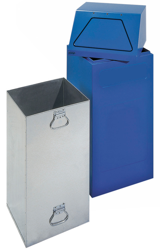 Brandhæmmende affaldsbeholder AB 65-B af stål, med udtagelig indvendig beholder, blå