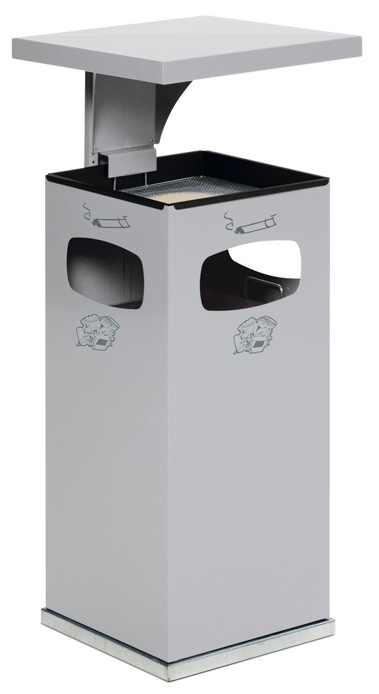 Combi waste bin / ashtray in steel, with removable cover f weather protection, 38l volume, silver