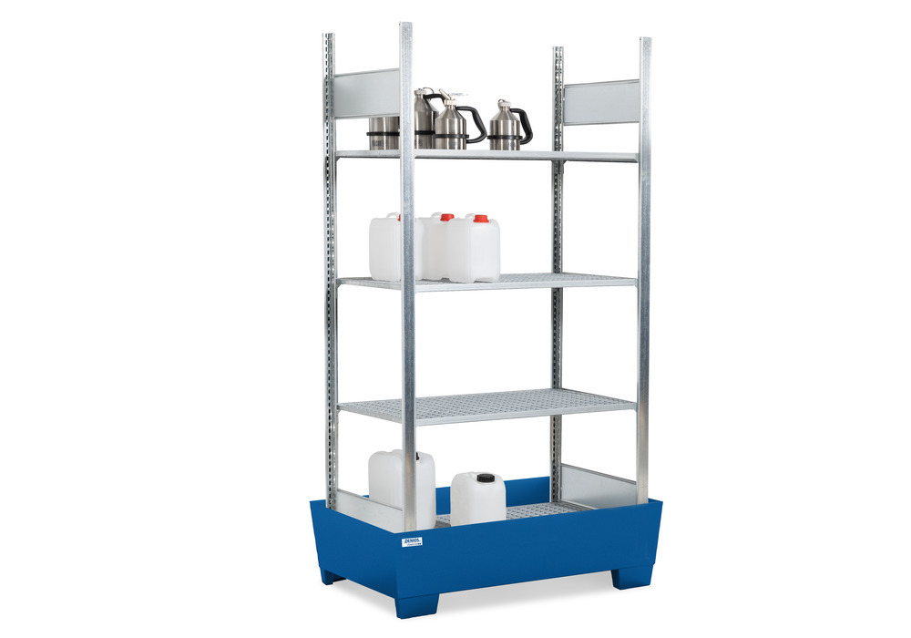 Containment shelving RPF 1060 for flammable substances, painted spill pallet, 4 galvanised grids