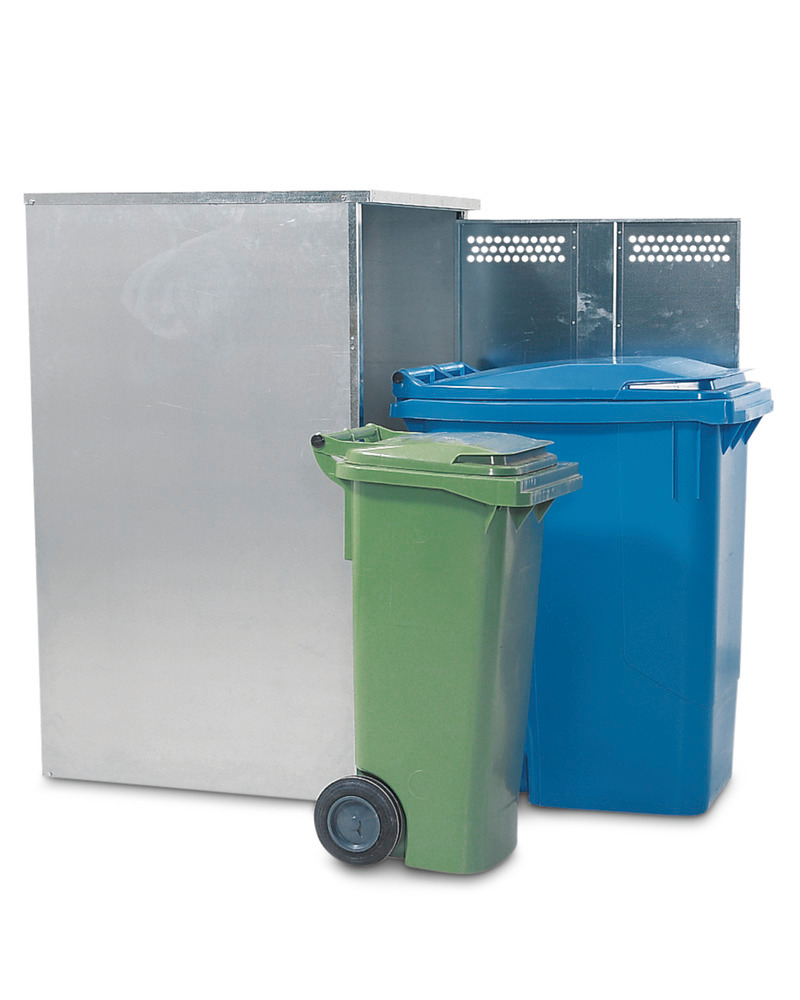 Armario galvanizado con espacio suficiente para cubos de basura pequeños (aquí: 80 litros) o grandes (aquí: 360 litros).