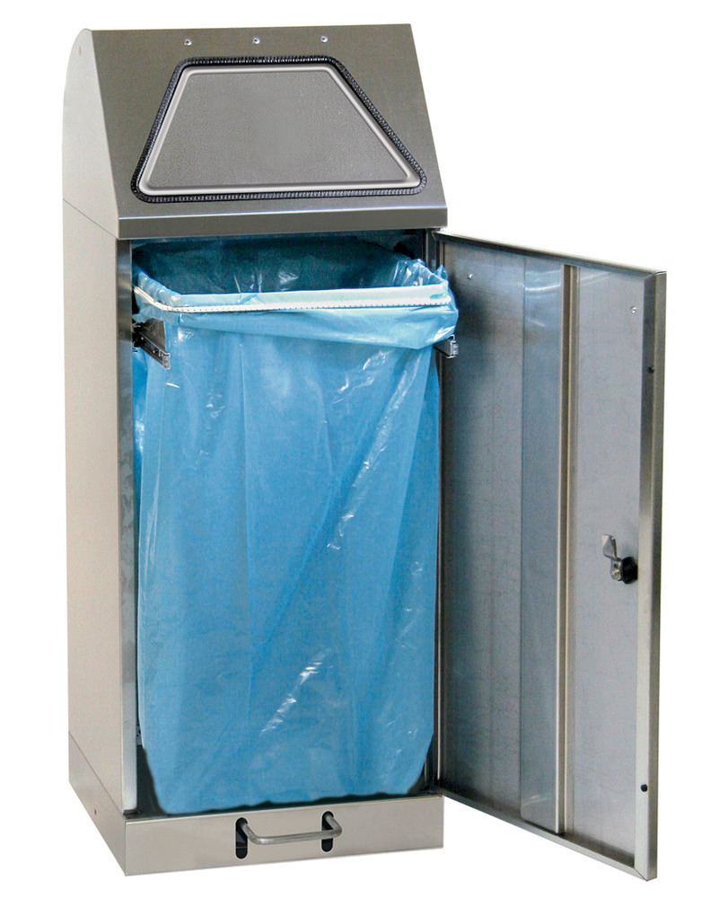 Stainless steel recyclable material container, pedal-operated with waste sack holder