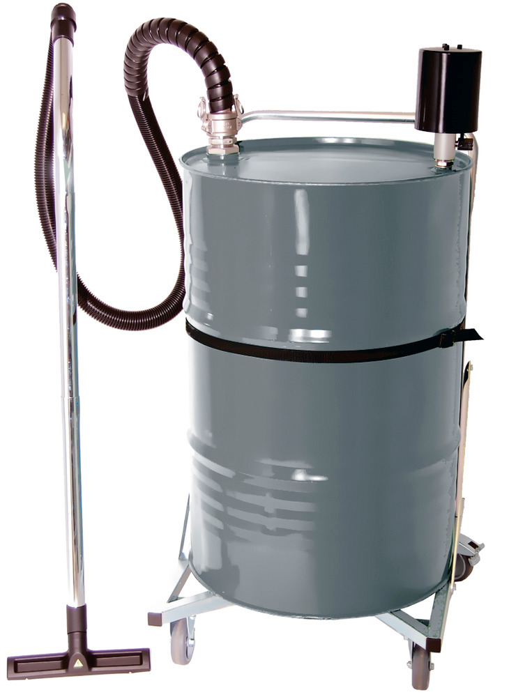 ATEX fluid suction device with pneumatic actuator and 205 litre mobile painted steel container