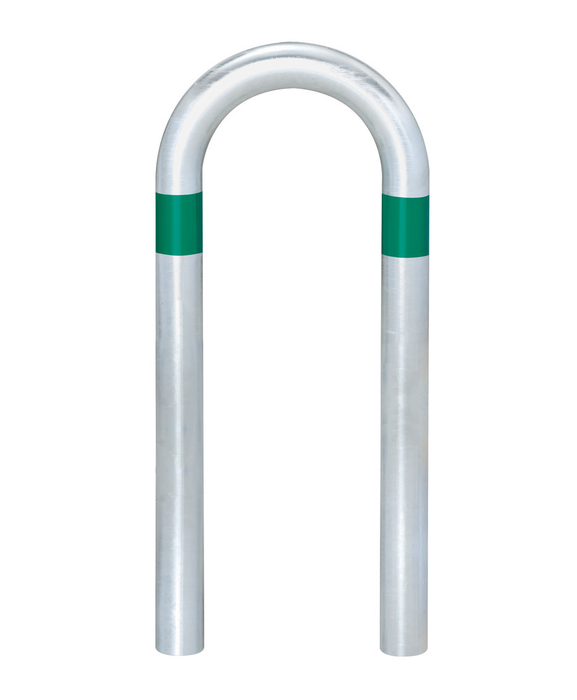 Ladesäulen Rammschutz-Bügel aus Stahl, feuerverzinkt, B 360 mm, Reflexringe grün, zum Einbetonieren