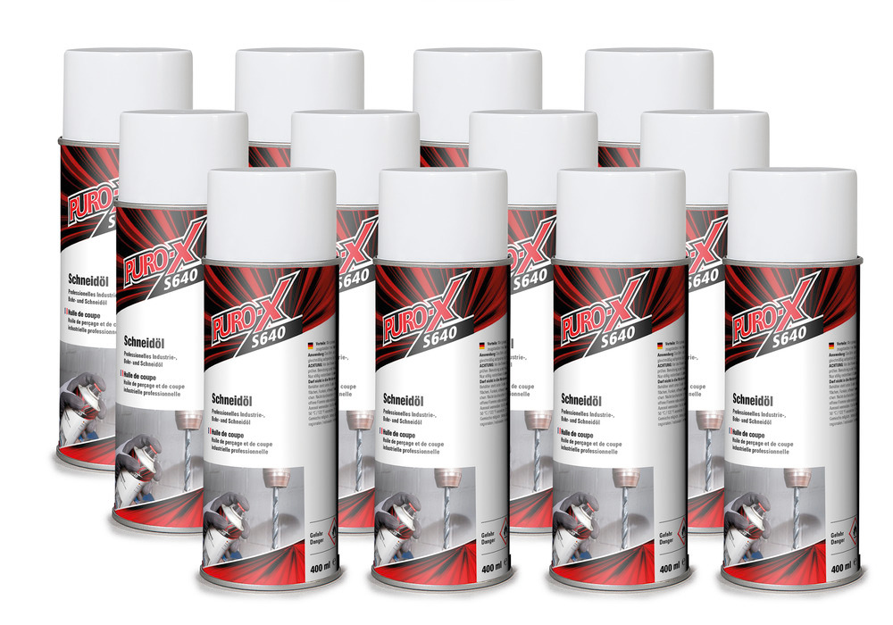 PURO-X S640 Bohr-Schneidöl Spray, Hochleistungs-Schmiermittel, 12 Sprühflaschen à 400 ml