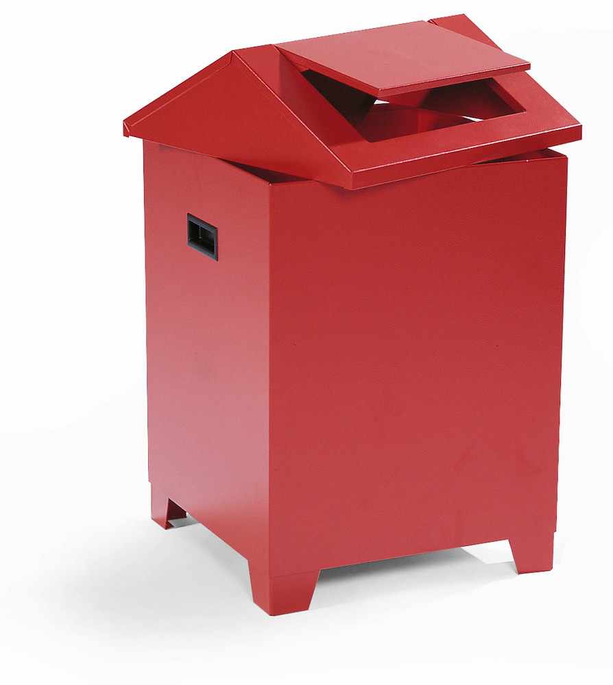 Container for cotton waste, sheet steel, self extinguishing with swing lid, red