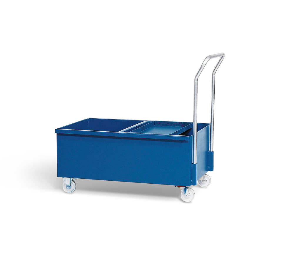 Storage and cleaning trolley for granules and oil binders with sieve