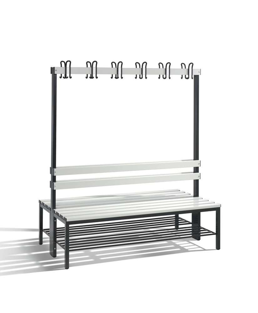 Umkleidebank Basic, doppelseitig, Sitzleisten lichtgrau, B 1500 mm, mit Schuhrost