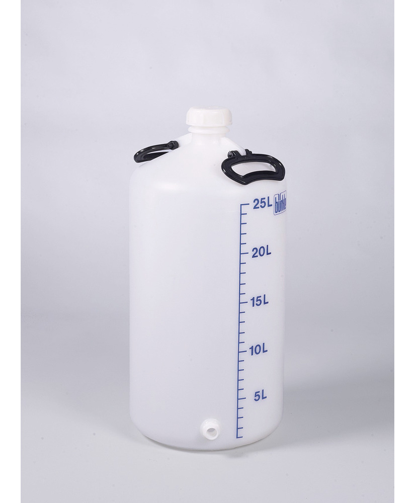 Weithalsflaschen aus HDPE, mit zwei Tragebügeln und Schraubverschluss, 25 Liter, m. Gewindestutzen