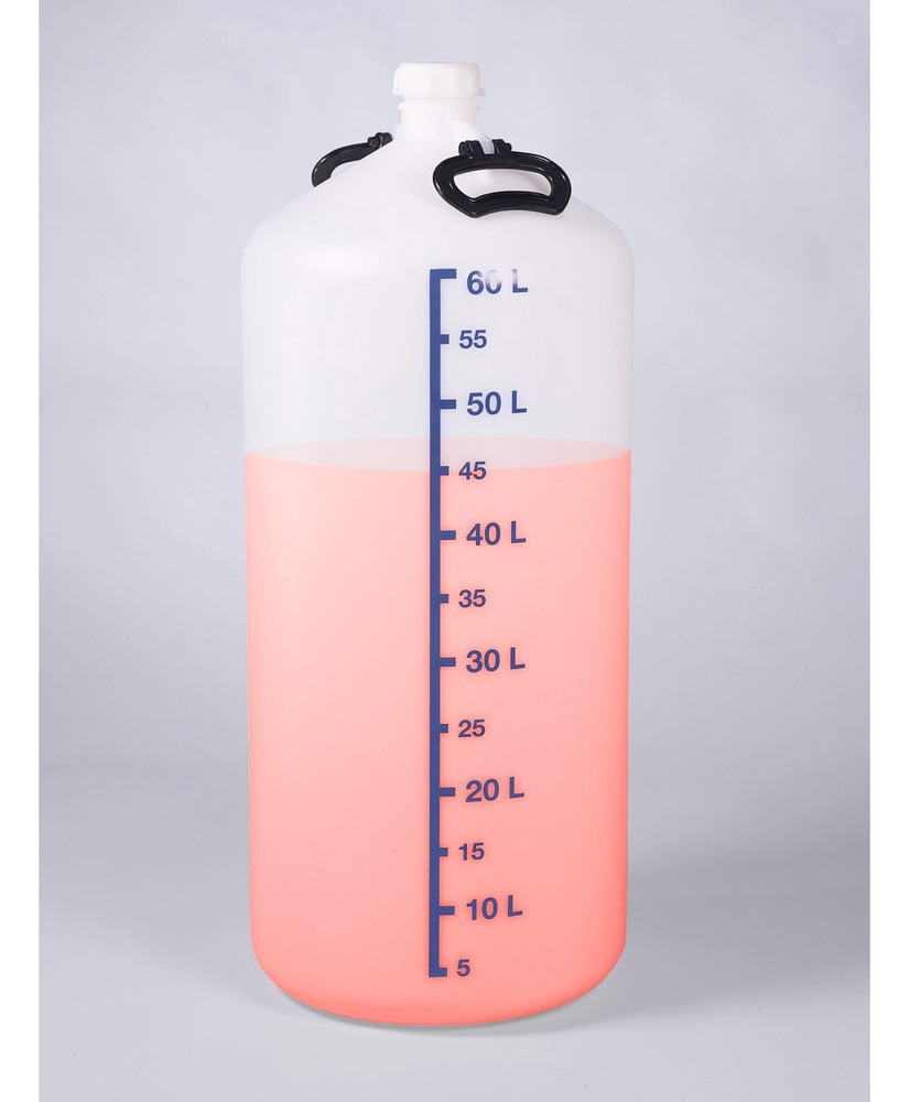 Leveäsuiset pullot HDPE-muovia, kaksi kantokahvaa ja kierrekorkki, 60 litraa, ilman hanaliitäntää