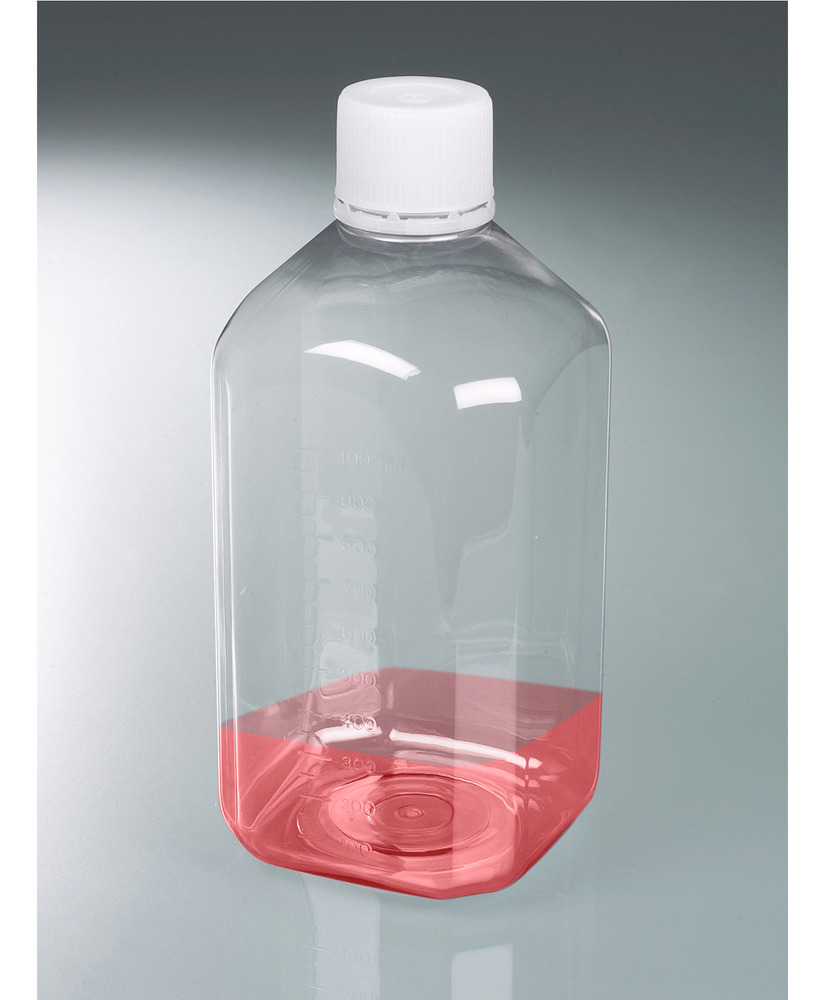 Laboratorní lahve z PET, sterilní, křišťálově čisté, šroubovací uzávěr a stupnice, 1000 ml, 24 ks
