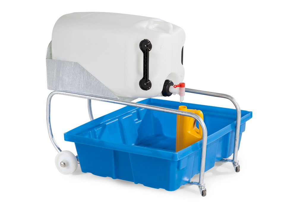 Carboy tipper, galvanised, for 60 litre plastic carboys, incl. spill pallet in polyethylene (PE)