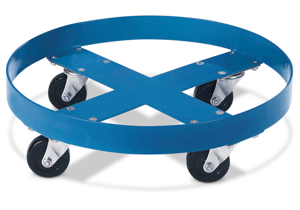 Manobrador de bidões em aço, RAL 5010 (azul) , bidões 200L, com 4 rodas orientáveis
