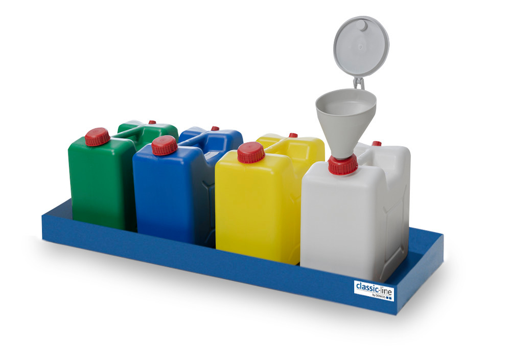 Set: steel spill pallet, with 4 canisters and filling funnel
