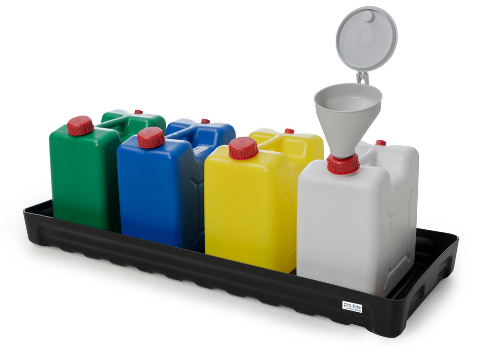 Set: plastic spill pallet, with 4 canisters and filling funnel